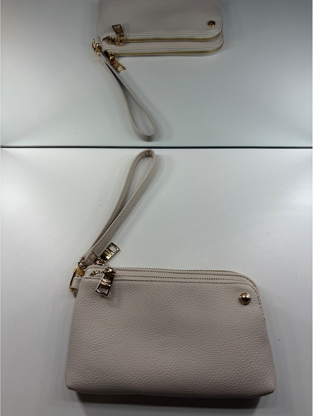 Steve Madden Beige Leather Wristlet Clutch with Dual Zipper Pockets